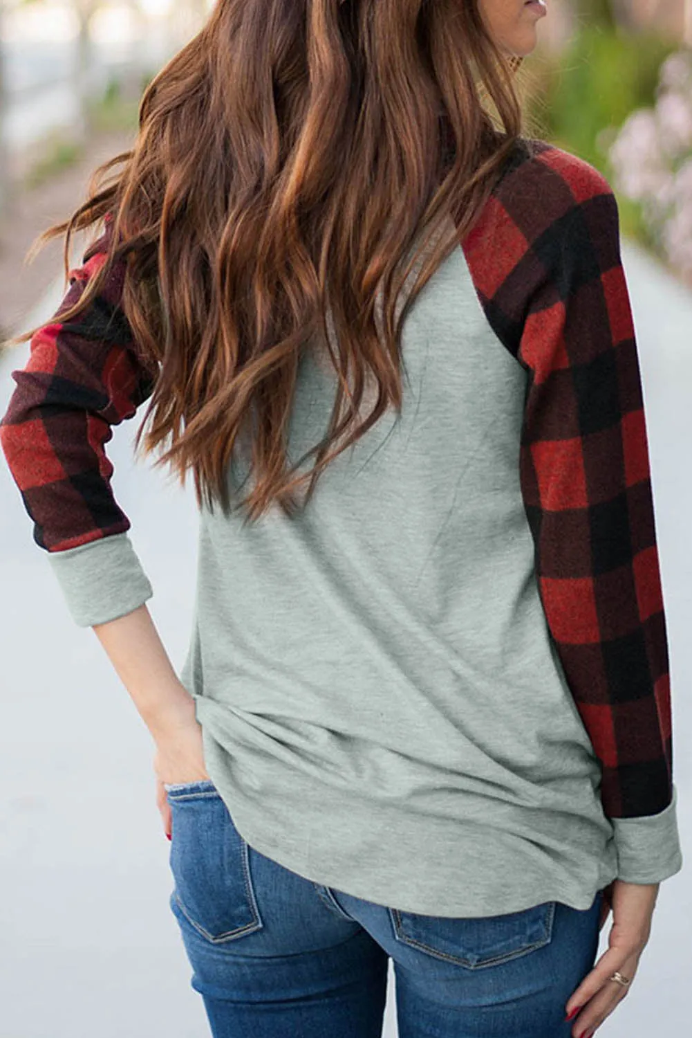 Womens Long Sleeve Shirts Raglan Sleeve Buffalo Plaid Long Sleeve Sweatshirt