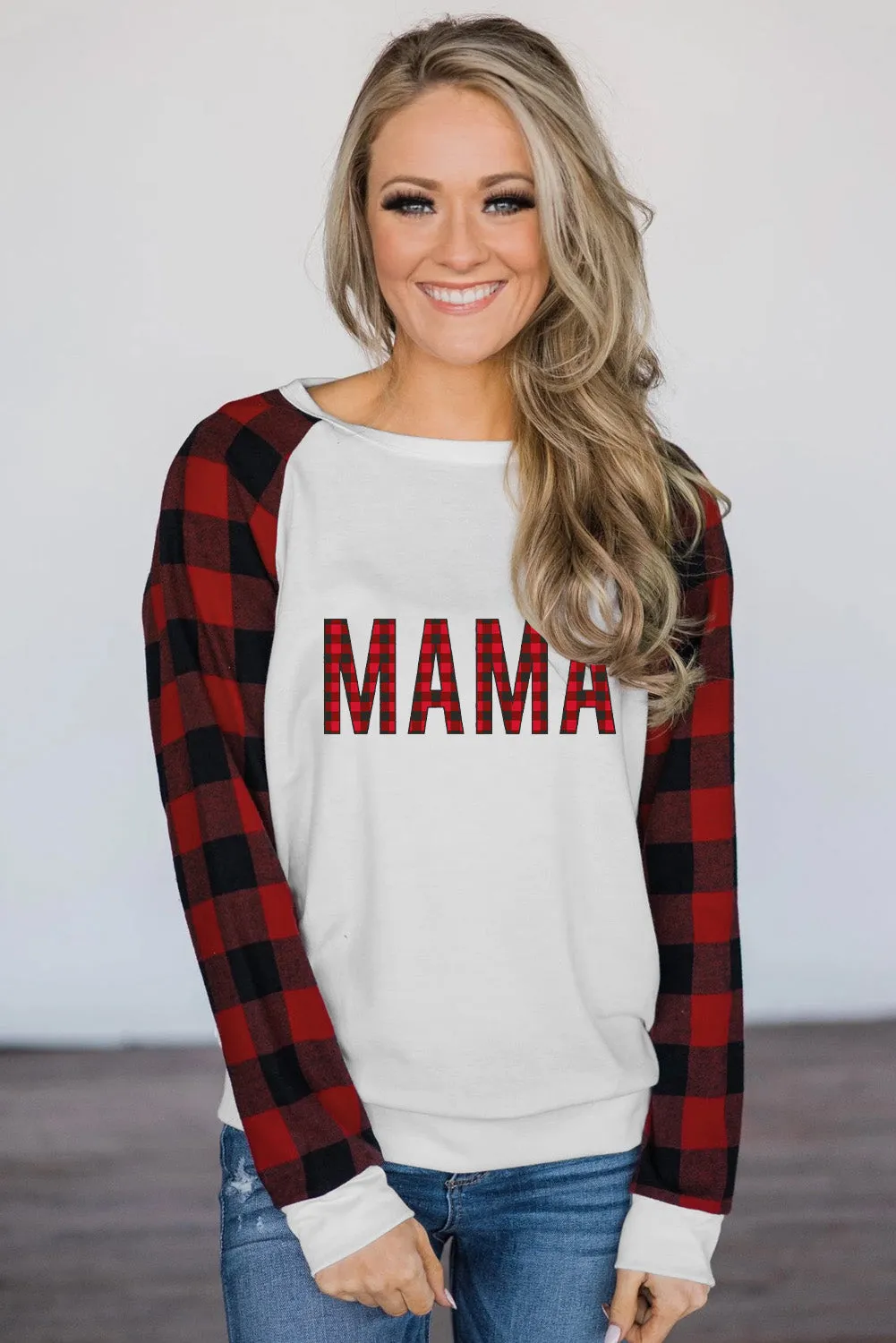 Womens Long Sleeve Shirts Raglan Sleeve Buffalo Plaid Long Sleeve Sweatshirt