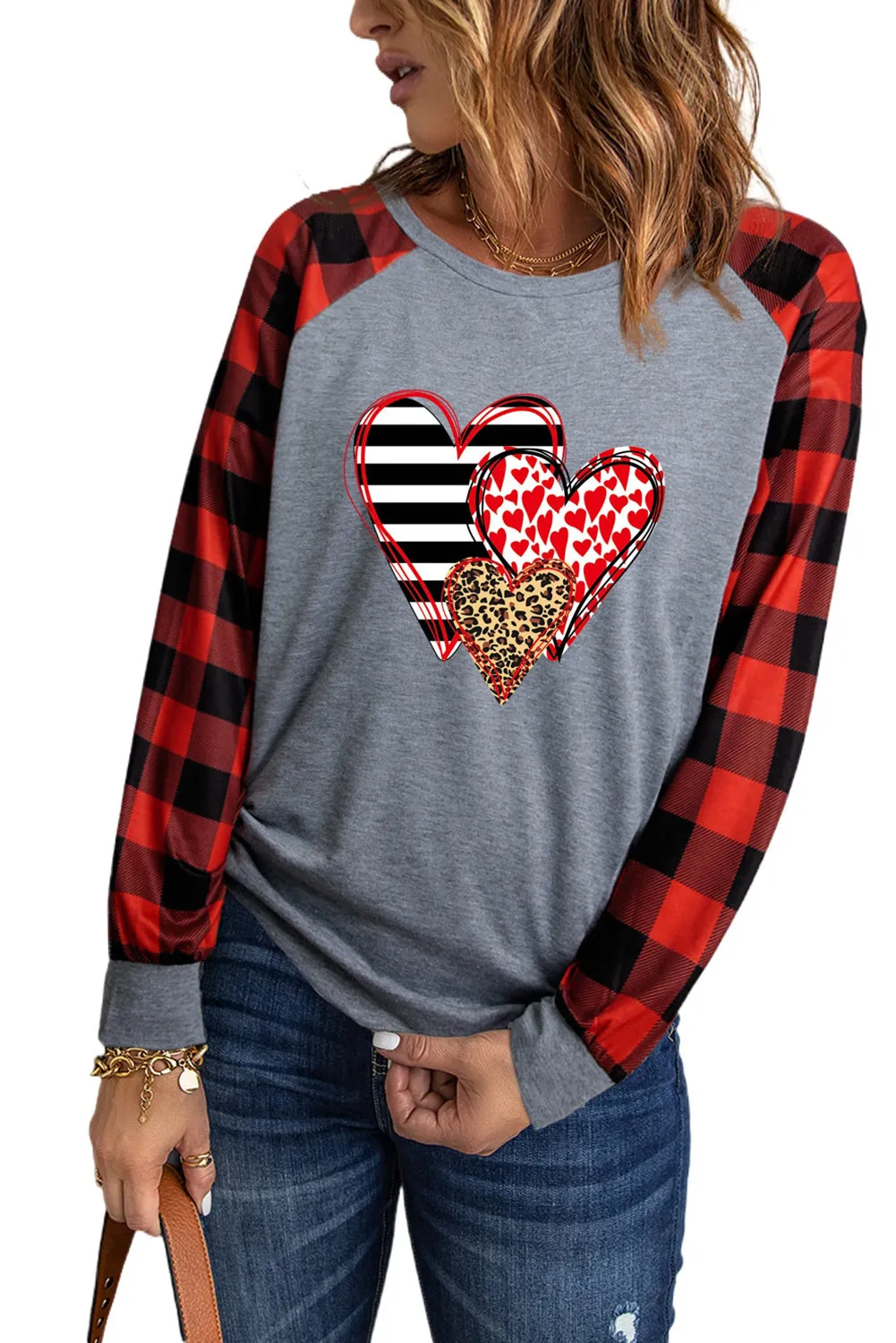 Womens Long Sleeve Shirts Raglan Sleeve Buffalo Plaid Long Sleeve Sweatshirt