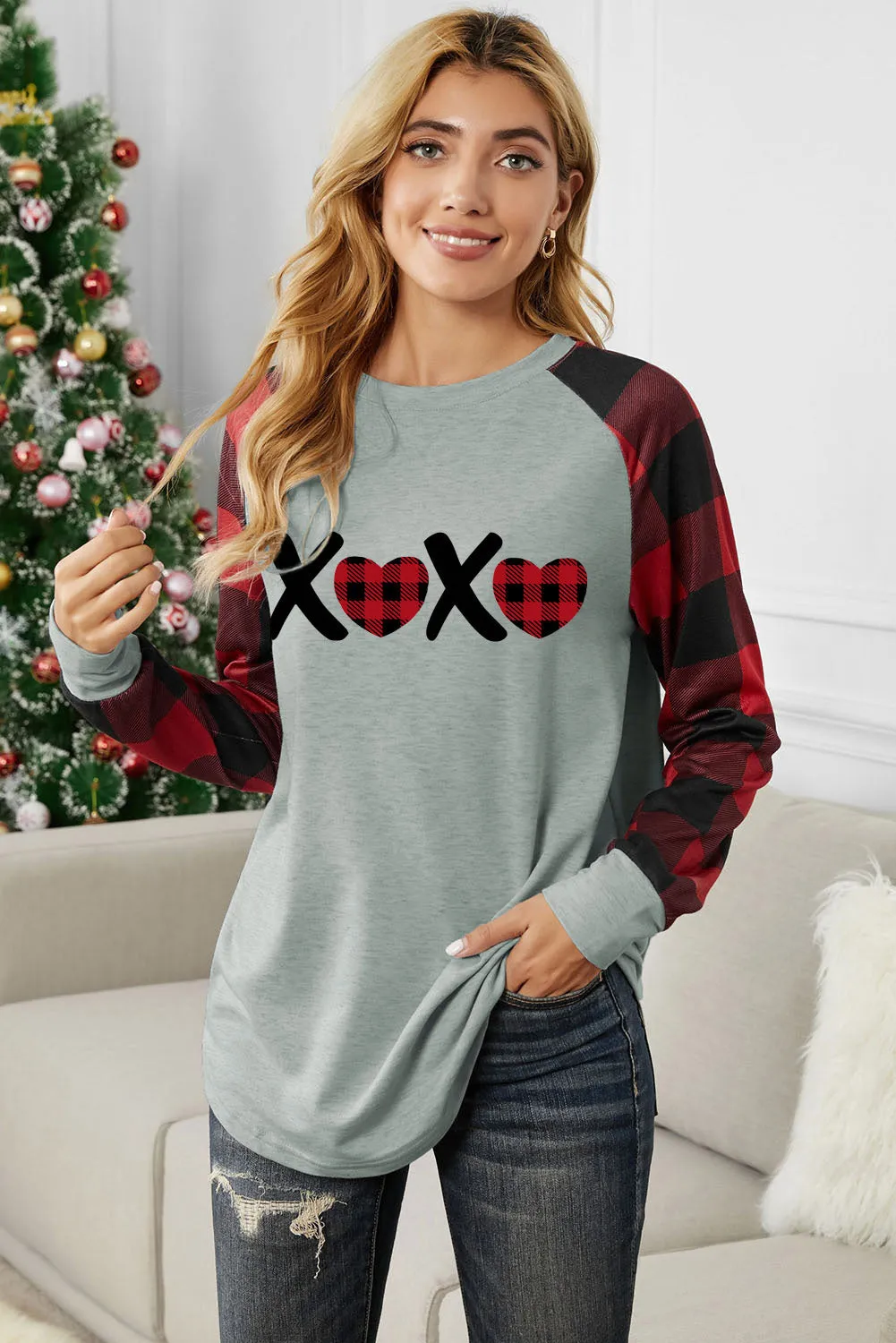 Womens Long Sleeve Shirts Raglan Sleeve Buffalo Plaid Long Sleeve Sweatshirt