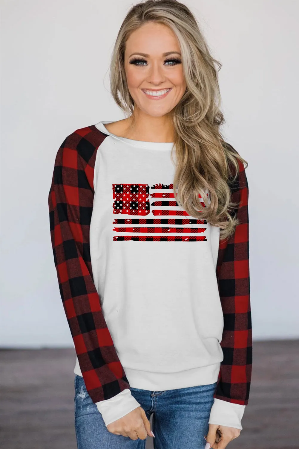 Womens Long Sleeve Shirts Raglan Sleeve Buffalo Plaid Long Sleeve Sweatshirt