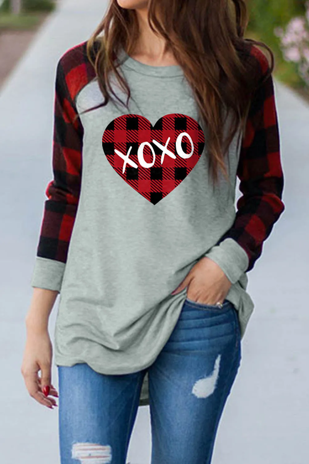 Womens Long Sleeve Shirts Raglan Sleeve Buffalo Plaid Long Sleeve Sweatshirt