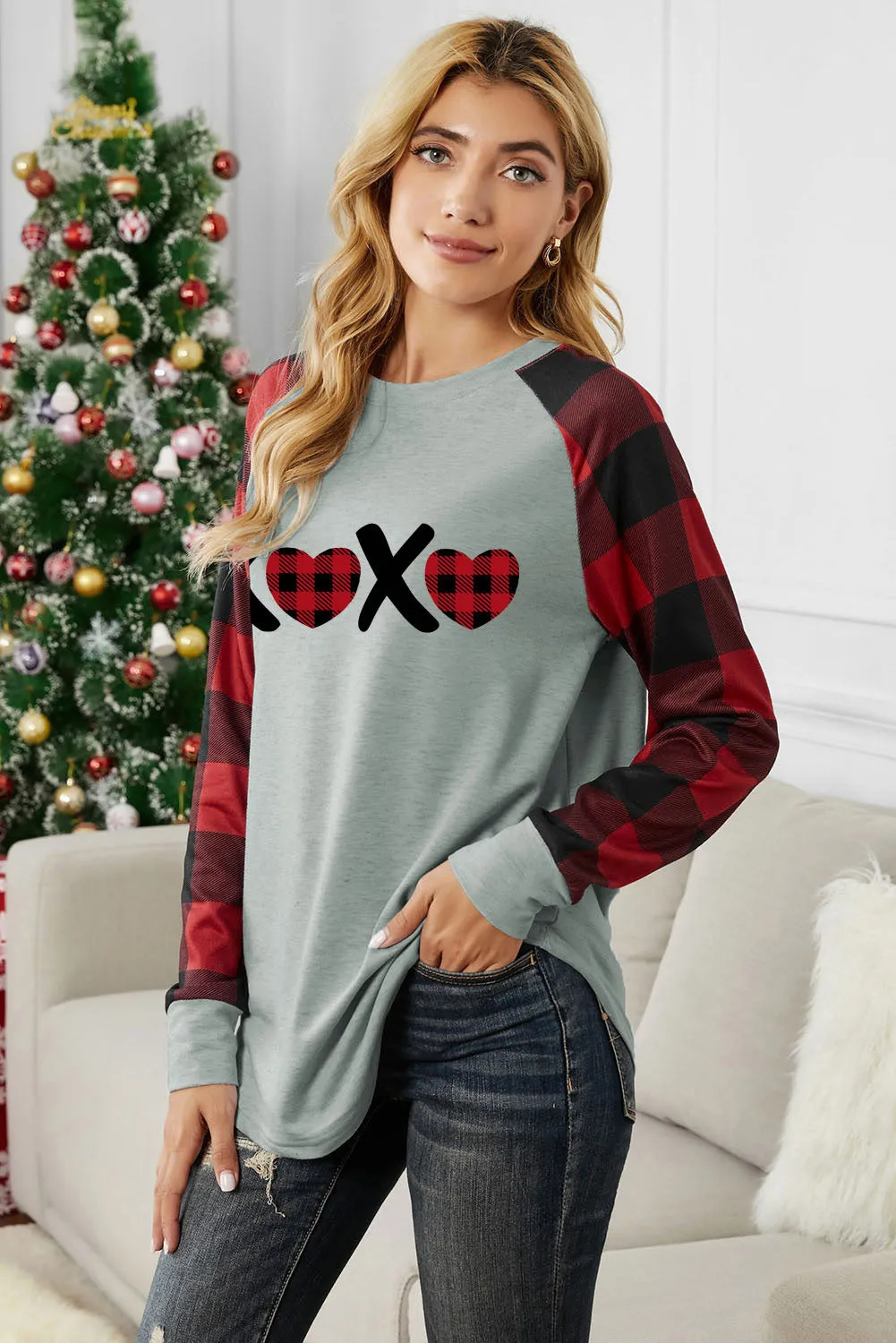 Womens Long Sleeve Shirts Raglan Sleeve Buffalo Plaid Long Sleeve Sweatshirt