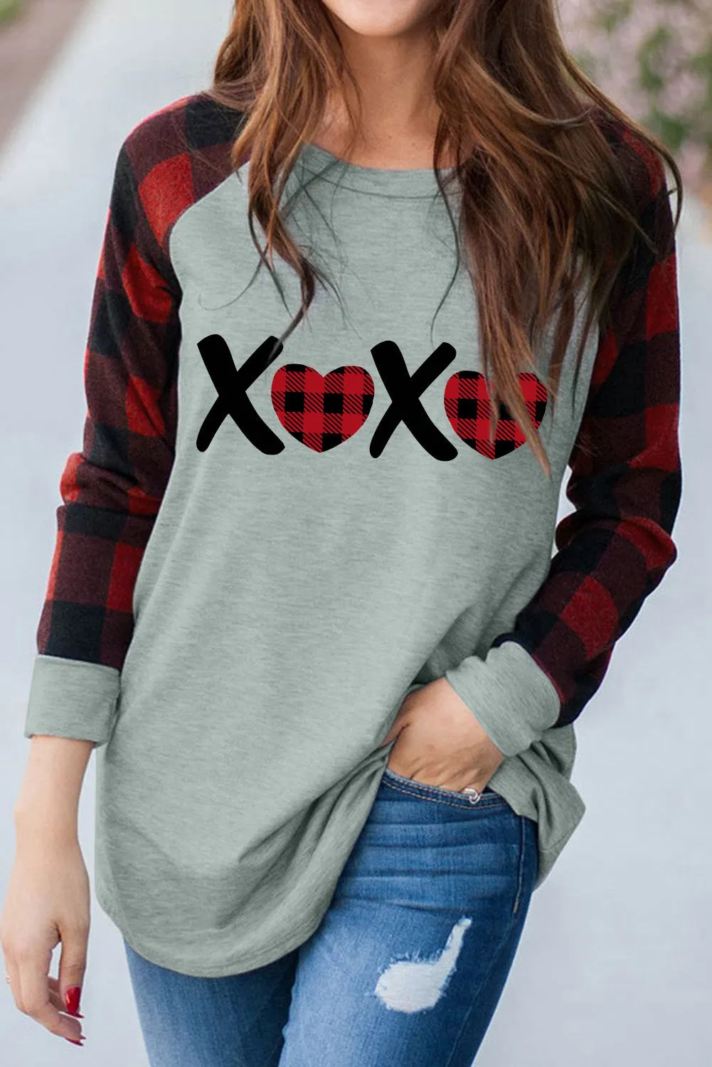 Womens Long Sleeve Shirts Raglan Sleeve Buffalo Plaid Long Sleeve Sweatshirt