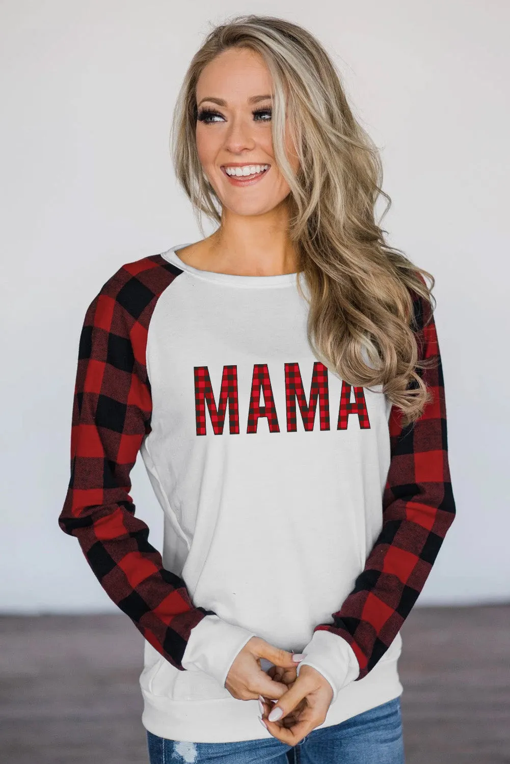 Womens Long Sleeve Shirts Raglan Sleeve Buffalo Plaid Long Sleeve Sweatshirt