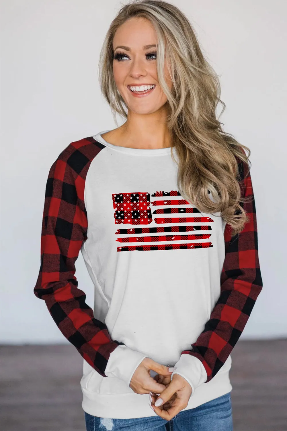 Womens Long Sleeve Shirts Raglan Sleeve Buffalo Plaid Long Sleeve Sweatshirt