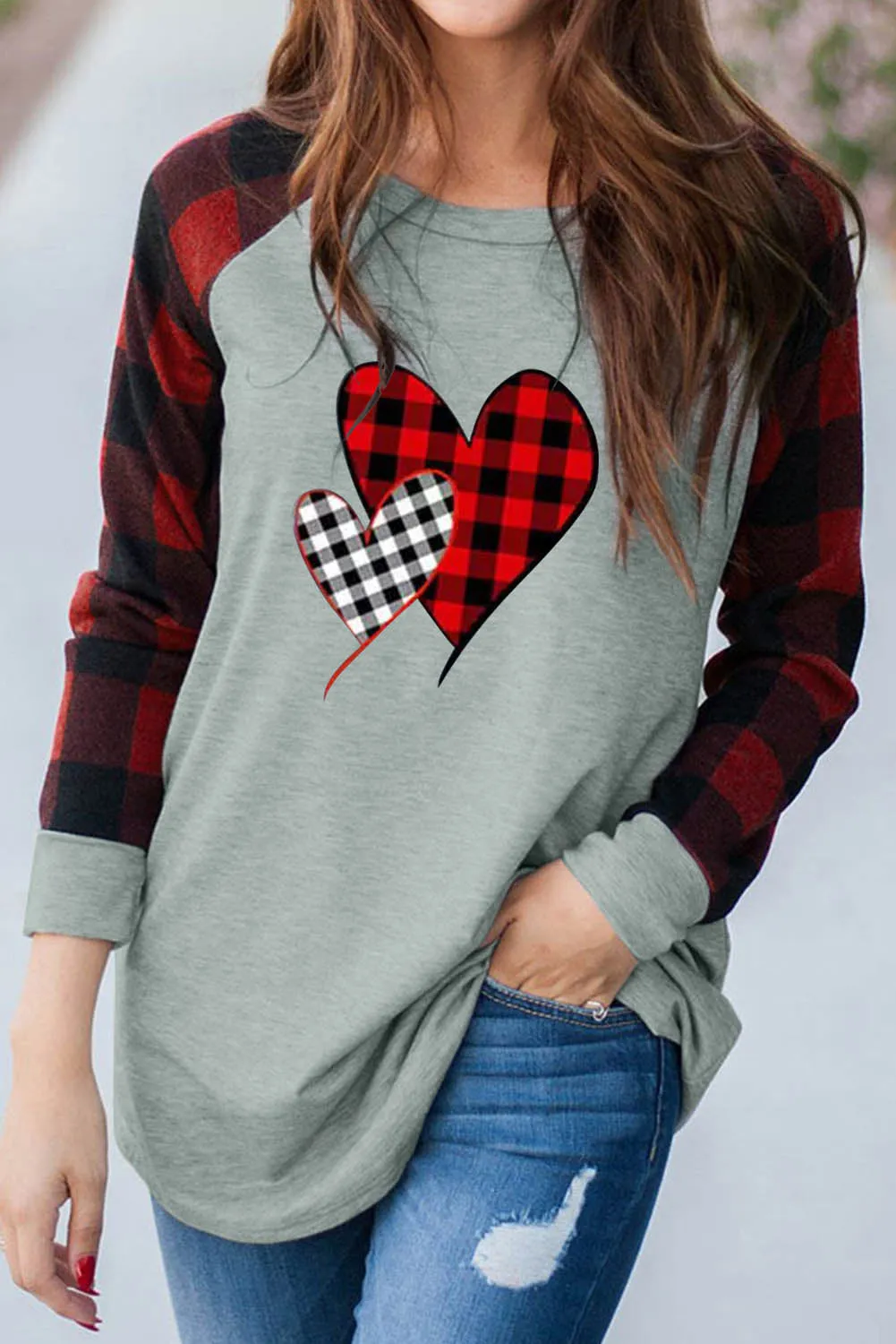 Womens Long Sleeve Shirts Raglan Sleeve Buffalo Plaid Long Sleeve Sweatshirt