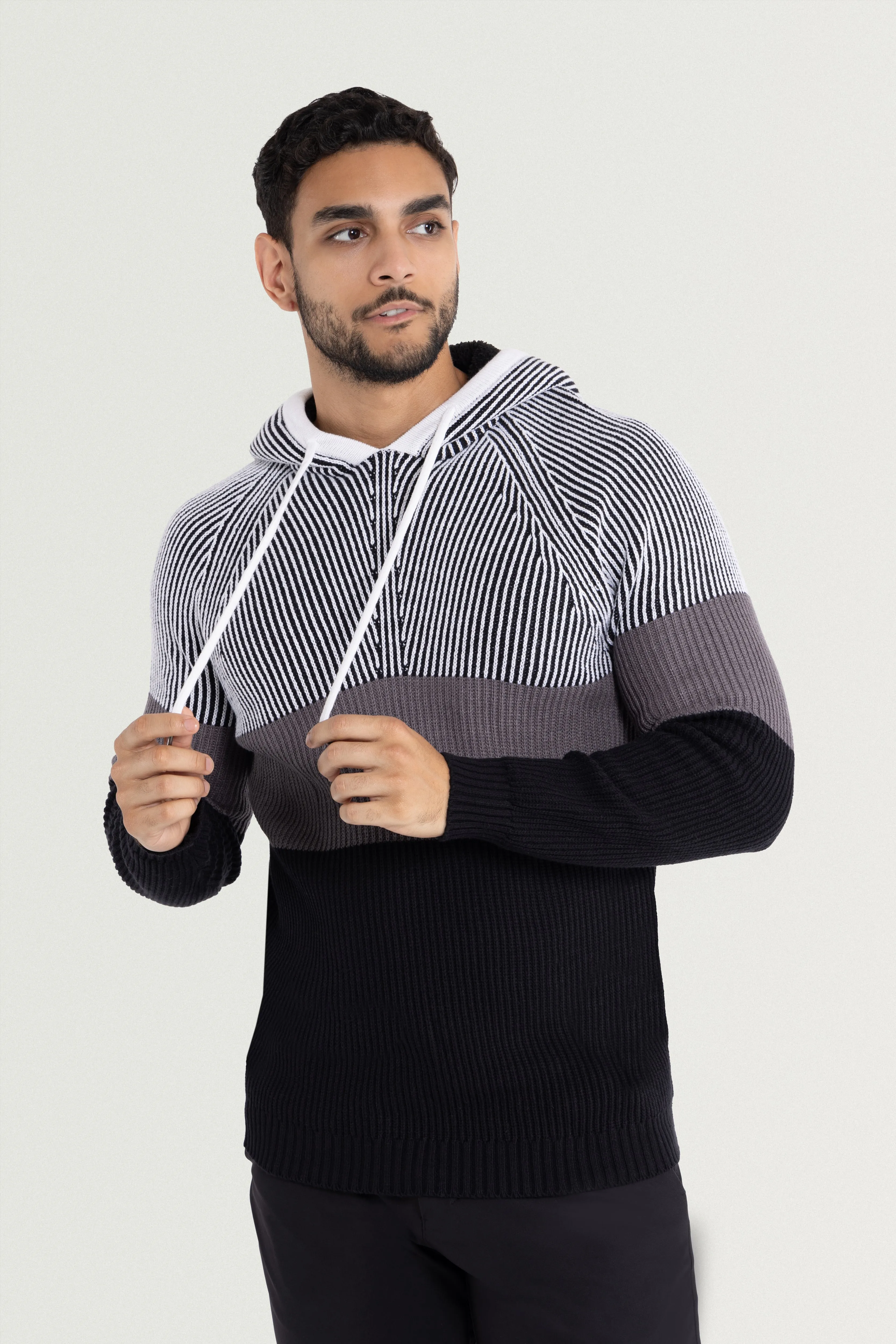 X RAY Men's Rib Knit Color Block Pullover Hooded Sweater