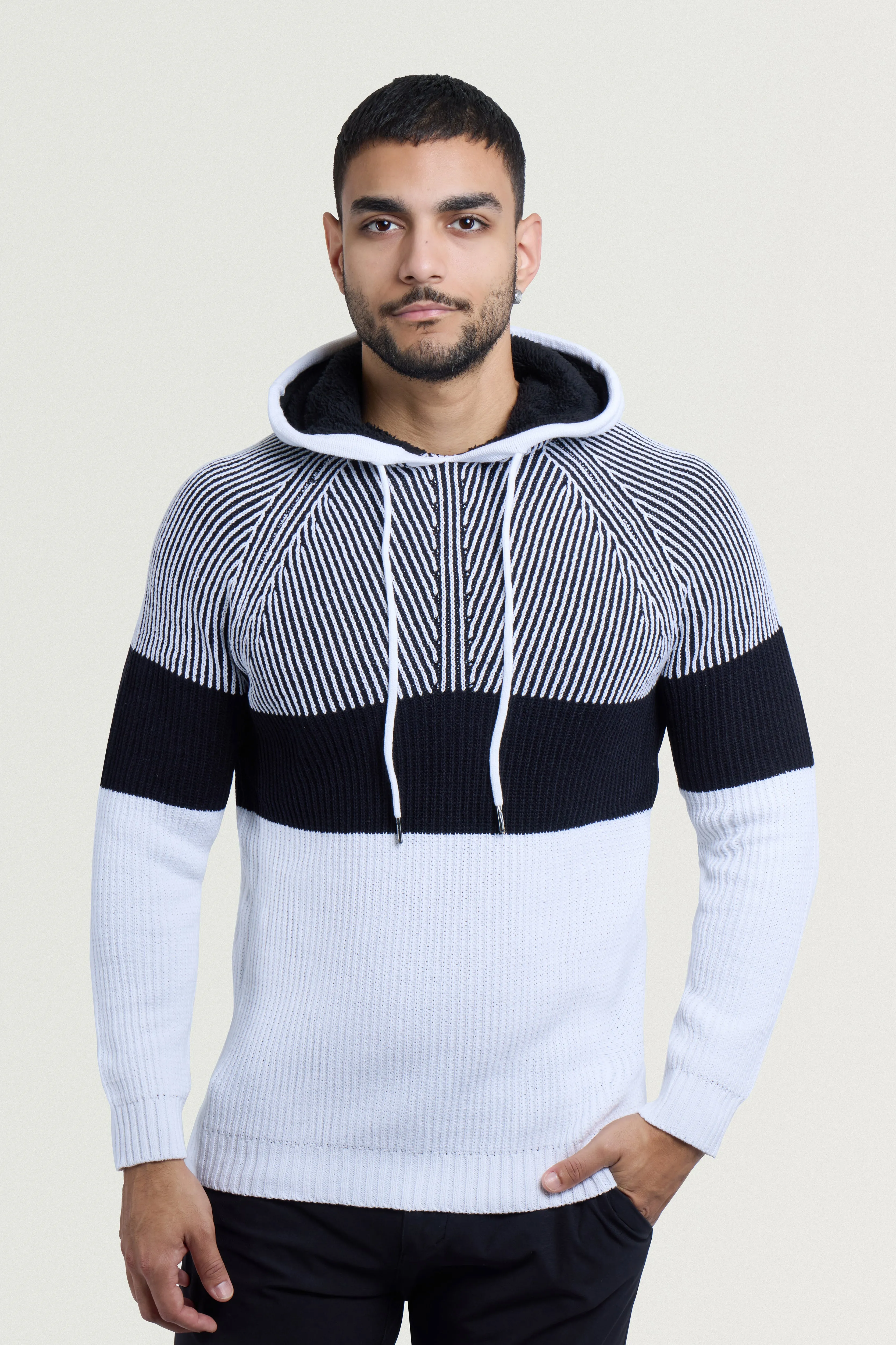 X RAY Men's Rib Knit Color Block Pullover Hooded Sweater